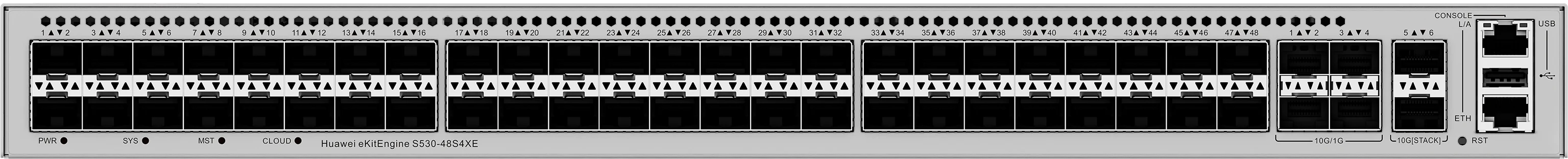 Huawei eKitEngine S530-48S4XE front panel with 48 GE SFP ports and 4 10G SFP+ ports and 2 10G stack ports and console and ETH and USB ports