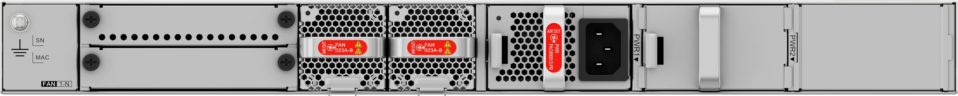 Huawei eKitEngine S620-16X8YZ rear panel with hot swappable fan modules and PAC600S12-PB power module and spare power slot