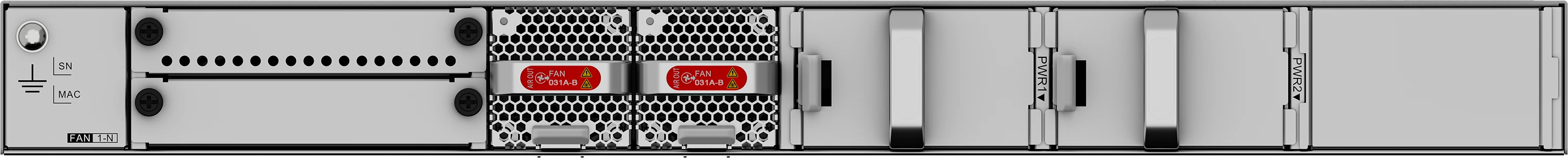 Huawei eKitEngine S620-24T16X8Y2CZ rear panel with hot swappable fan modules and dual power slots