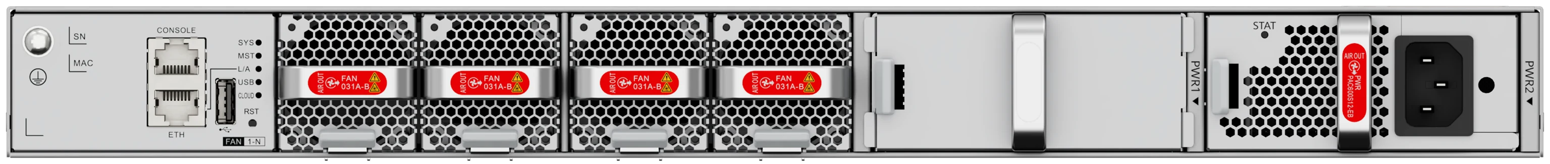 Huawei eKitEngine S630-24X6Q rear panel with four hot swappable fan modules and PAC600S12-EB power module and console and ETH ports