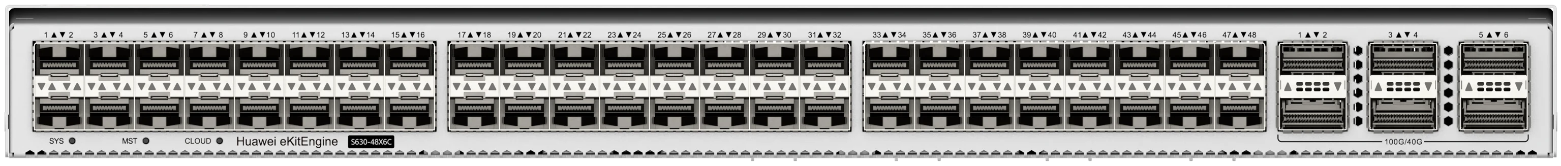 Huawei eKitEngine S630-48X6C front panel with 48 10G SFP+ ports and 6 100G QSFP28 ports