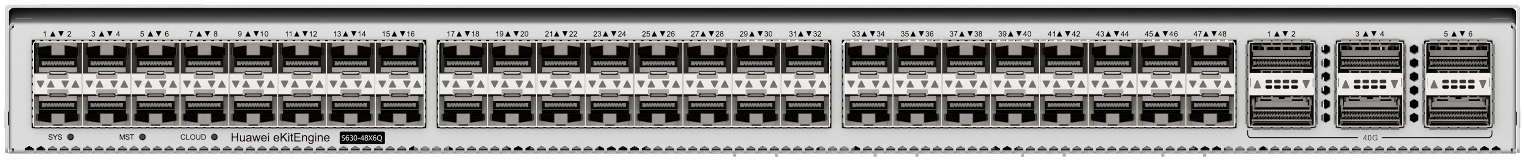 Huawei eKitEngine S630-48X6Q front panel with 48 10G SFP+ ports and 6 40G QSFP+ ports