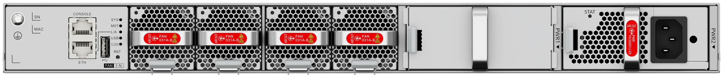 Huawei eKitEngine S630-48X6Q rear panel with four hot swappable fan modules and PAC600S12-EB power module and console and ETH ports